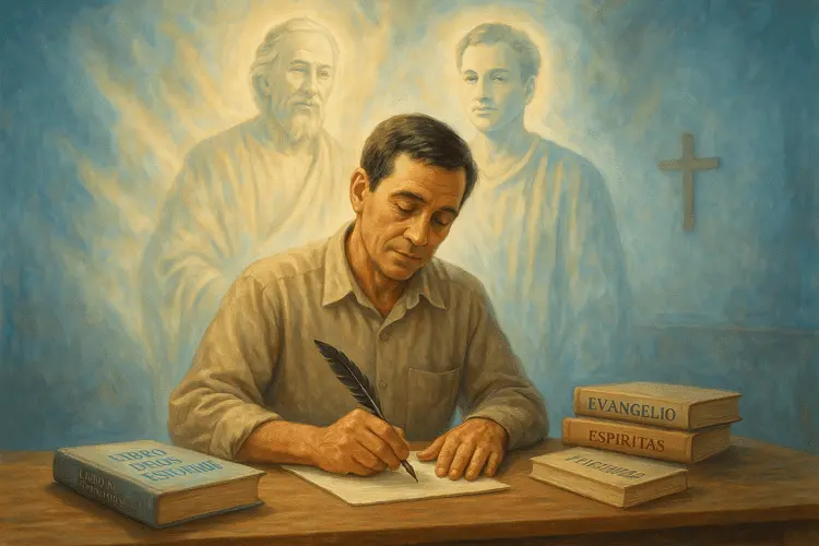 Chico Xavier practicando psicografía con los espíritus Emmanuel y André Luiz al fondo, representando la mediumnidad y comunicación espiritual en el espiritismo brasileño